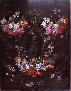 Jan Philip van Thielen Garland of flowers surrounding cherub in grisaille Germany oil painting artist